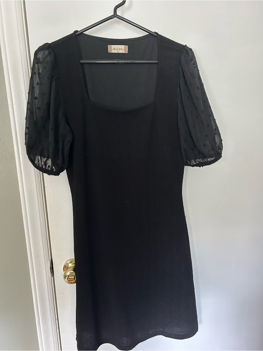 Altar'd State Black Mini Dress with Sheer Puff Dot Sleeves